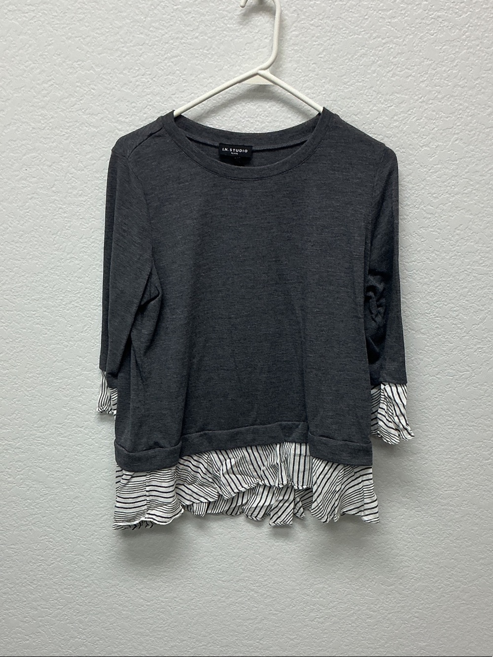 I.N. Studio Charcoal Top with Black-and-White Striped Ruffle